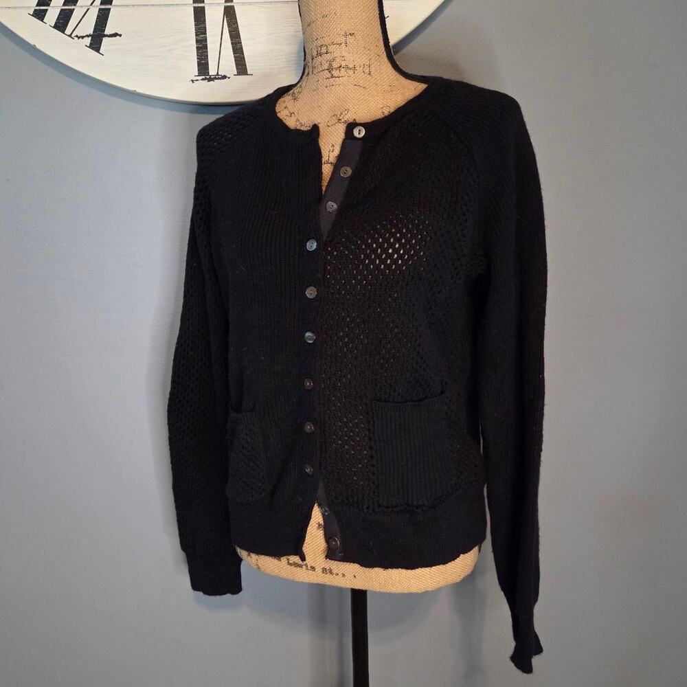 Sundance cotton blend chunky knit sweater cardigan black mixed pattern L